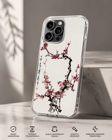Cherry Blossom phone case featuring traditional style ink wash branches and red blossoms — Specs