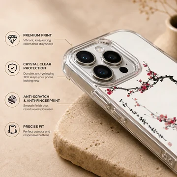 Cherry Blossom phone case featuring traditional style ink wash branches and red blossoms — Info
