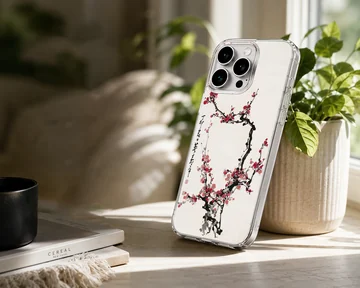 Cherry Blossom phone case featuring traditional style ink wash branches and red blossoms — Lifestyle