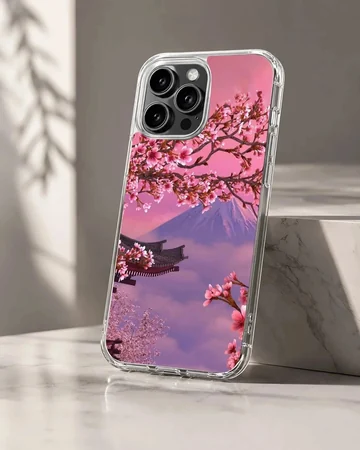 Cherry blossom tree branches and Mt Fuji landscape on a phone case
