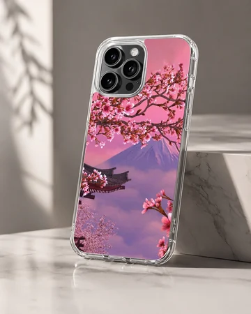 Cherry blossom tree branches and Mt Fuji landscape on a phone case — Hero
