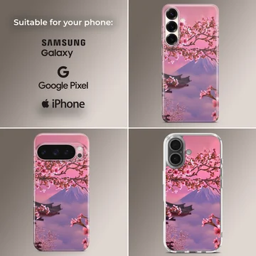 Cherry blossom tree branches and Mt Fuji landscape on a phone case — Collage
