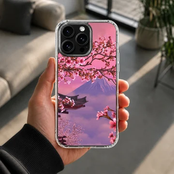 Cherry blossom tree branches and Mt Fuji landscape on a phone case — Lifestyle