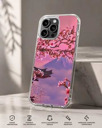 Cherry blossom tree branches and Mt Fuji landscape on a phone case — Specs