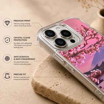 Cherry blossom tree branches and Mt Fuji landscape on a phone case — Info
