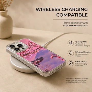 Cherry blossom tree branches and Mt Fuji landscape on a phone case — Charging