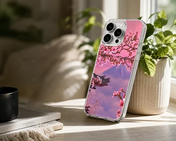 Cherry blossom tree branches and Mt Fuji landscape on a phone case — Lifestyle