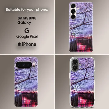 Photographic print of cherry blossoms over a glowing night river on a phone case — Collage