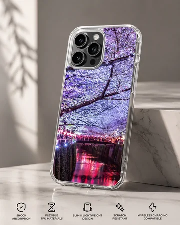 Photographic print of cherry blossoms over a glowing night river on a phone case — Specs