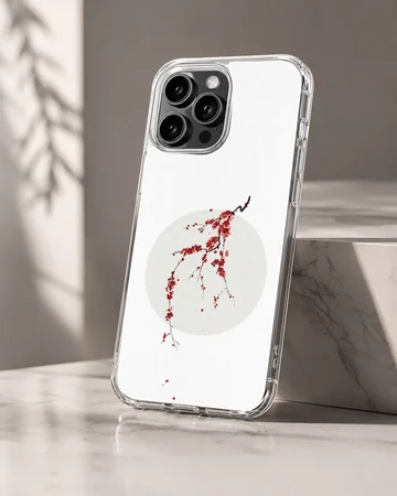 Minimalist digital illustration of a cherry blossom branch with red petals over a pale sun disc on a phone case — Hero