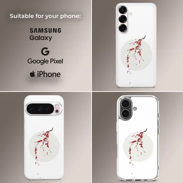Minimalist digital illustration of a cherry blossom branch with red petals over a pale sun disc on a phone case — Collage
