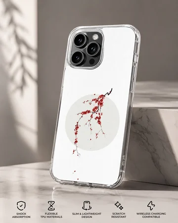 Minimalist digital illustration of a cherry blossom branch with red petals over a pale sun disc on a phone case — Specs