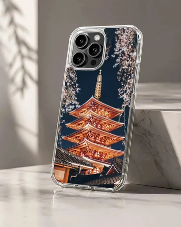Chinese temple pagoda illuminated at night with cherry blossom branches on a phone case