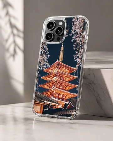 Chinese temple pagoda illuminated at night with cherry blossom branches on a phone case — Hero