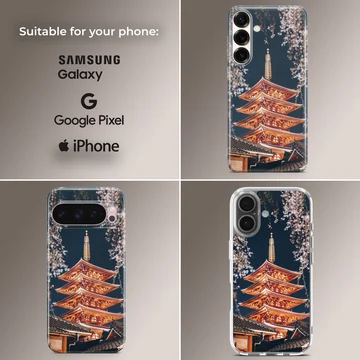 Chinese temple pagoda illuminated at night with cherry blossom branches on a phone case — Collage