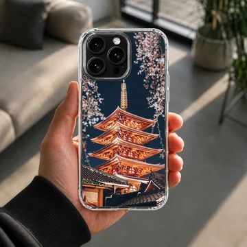 Chinese temple pagoda illuminated at night with cherry blossom branches on a phone case — Lifestyle