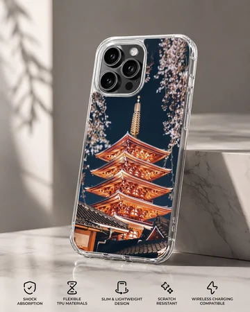 Chinese temple pagoda illuminated at night with cherry blossom branches on a phone case — Specs