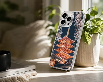 Chinese temple pagoda illuminated at night with cherry blossom branches on a phone case — Lifestyle