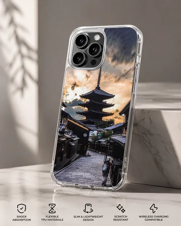 Chinese temple and pagoda at twilight on a phone case — Specs