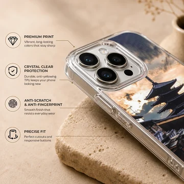 Chinese temple and pagoda at twilight on a phone case — Info