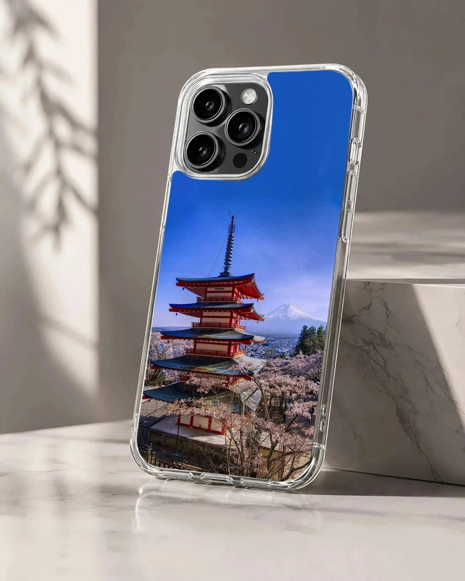 Chinese temple pagoda with Mount Fuji and cherry blossoms phone case