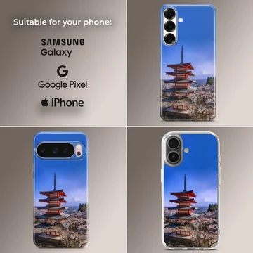 Chinese temple pagoda with Mount Fuji and cherry blossoms phone case — Collage