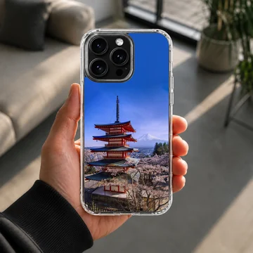 Chinese temple pagoda with Mount Fuji and cherry blossoms phone case — Lifestyle