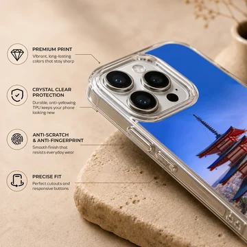 Chinese temple pagoda with Mount Fuji and cherry blossoms phone case — Info