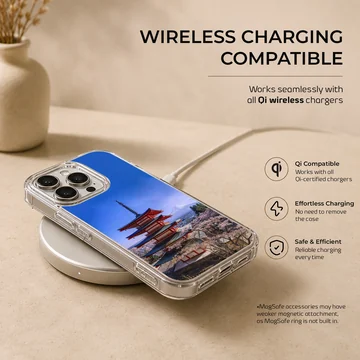 Chinese temple pagoda with Mount Fuji and cherry blossoms phone case — Charging