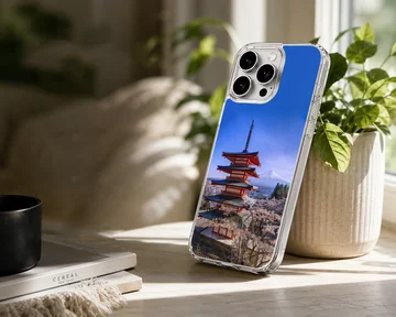 Chinese temple pagoda with Mount Fuji and cherry blossoms phone case — Lifestyle