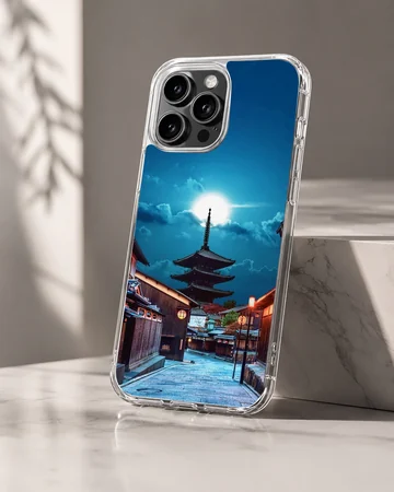 Chinese temple phone case featuring a traditional pagoda under a bright night sky and glowing street lamps phone case — Hero