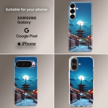 Chinese temple phone case featuring a traditional pagoda under a bright night sky and glowing street lamps phone case — Collage