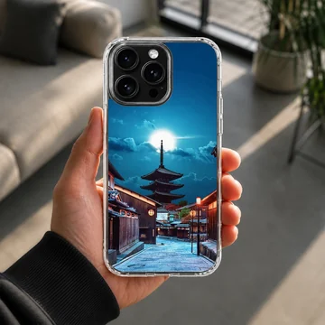 Chinese temple phone case featuring a traditional pagoda under a bright night sky and glowing street lamps phone case — Lifestyle