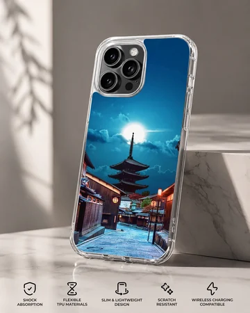 Chinese temple phone case featuring a traditional pagoda under a bright night sky and glowing street lamps phone case — Specs
