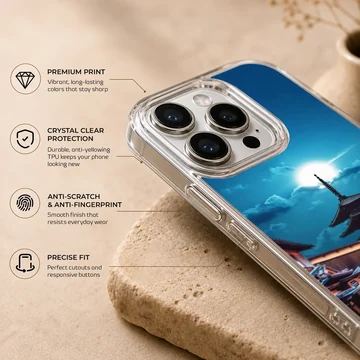 Chinese temple phone case featuring a traditional pagoda under a bright night sky and glowing street lamps phone case — Info