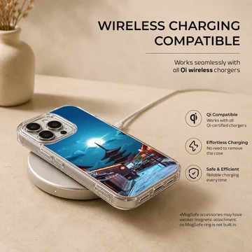 Chinese temple phone case featuring a traditional pagoda under a bright night sky and glowing street lamps phone case — Charging