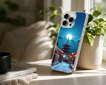 Chinese temple phone case featuring a traditional pagoda under a bright night sky and glowing street lamps phone case — Lifestyle