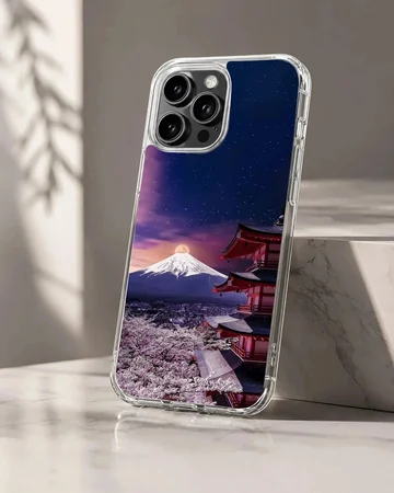 Chinese temple and mountain landscape phone case featuring a pagoda and cherry blossoms under a starry night sky