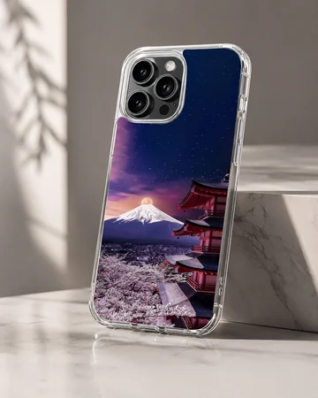 Chinese temple and mountain landscape phone case featuring a pagoda and cherry blossoms under a starry night sky — Hero