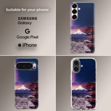 Chinese temple and mountain landscape phone case featuring a pagoda and cherry blossoms under a starry night sky — Collage