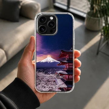 Chinese temple and mountain landscape phone case featuring a pagoda and cherry blossoms under a starry night sky — Lifestyle