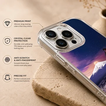 Chinese temple and mountain landscape phone case featuring a pagoda and cherry blossoms under a starry night sky — Info