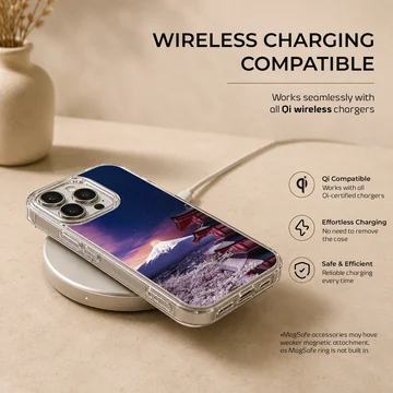Chinese temple and mountain landscape phone case featuring a pagoda and cherry blossoms under a starry night sky — Charging