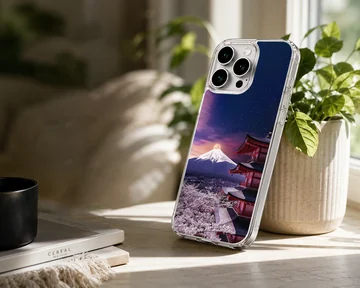 Chinese temple and mountain landscape phone case featuring a pagoda and cherry blossoms under a starry night sky — Lifestyle