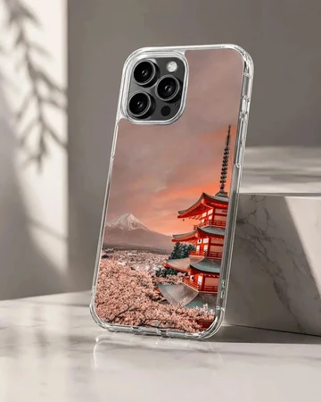 Japanese temple phone case featuring a red pagoda and snow-capped mountain under a colorful sky