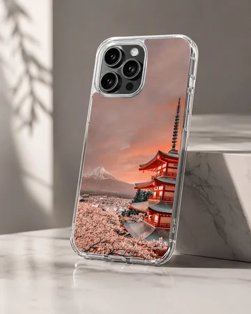 Japanese temple phone case featuring a red pagoda and snow-capped mountain under a colorful sky — Hero