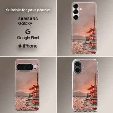 Japanese temple phone case featuring a red pagoda and snow-capped mountain under a colorful sky — Collage