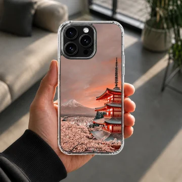 Japanese temple phone case featuring a red pagoda and snow-capped mountain under a colorful sky — Lifestyle