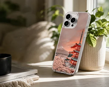 Japanese temple phone case featuring a red pagoda and snow-capped mountain under a colorful sky — Lifestyle