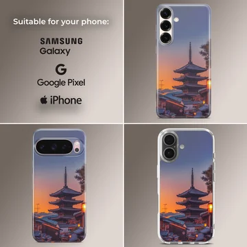 Chinese temple pagoda silhouetted against a vibrant sunset sky on a phone case — Collage